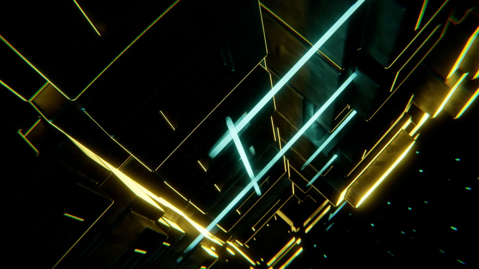 Glowing neon lines in yellow and cyan crossing on a dark background like connected touchpoints