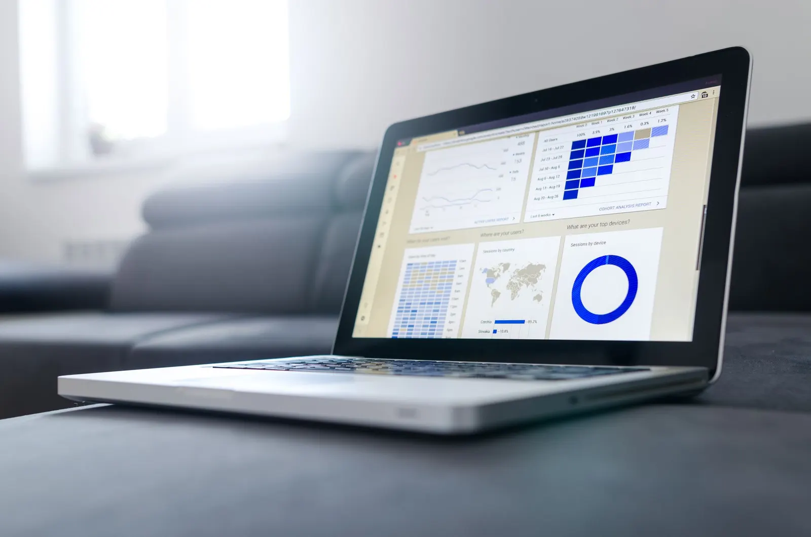 Laptop on a sofa displaying a web analytics dashboard with charts and a map
